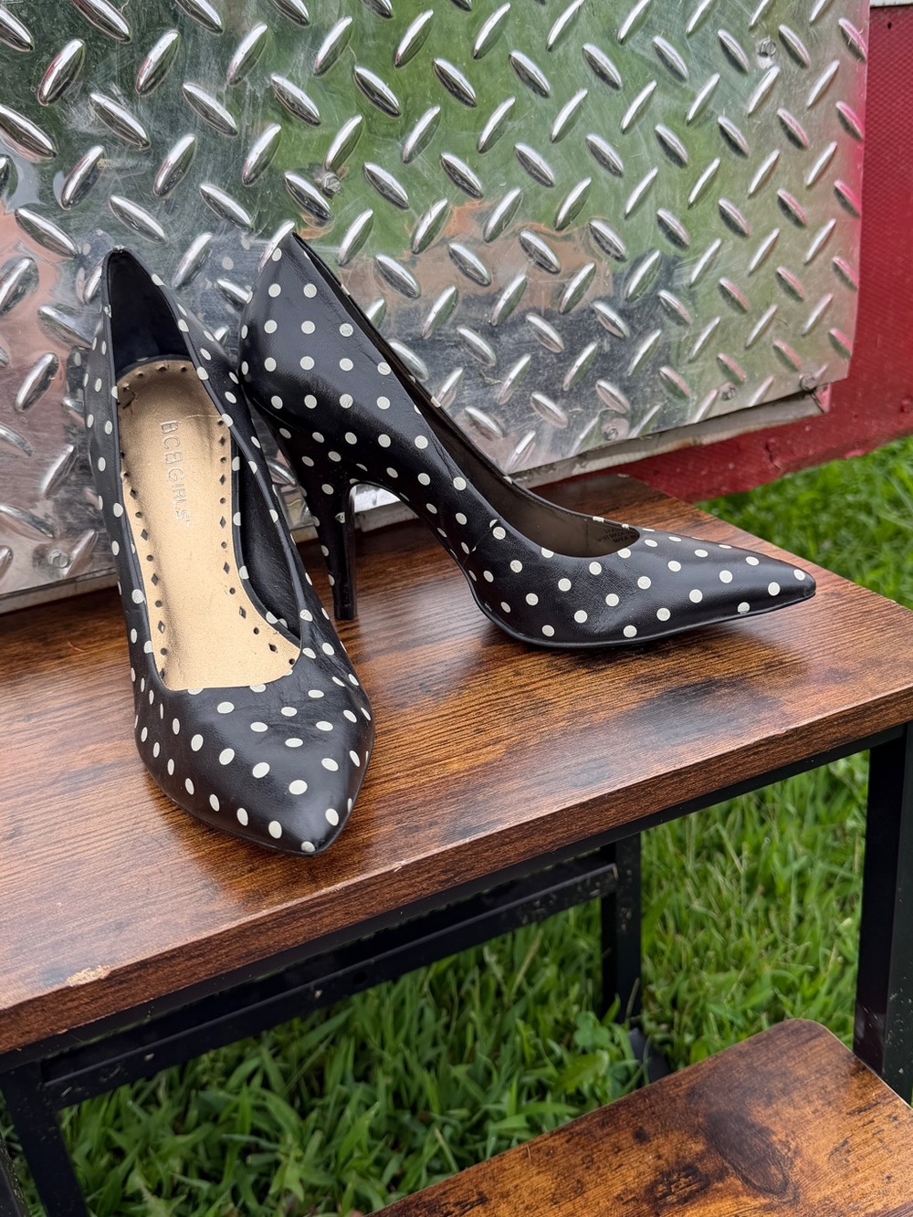 BCBGirls Black and White Polka Dot Pointed Toe Stiletto Heels